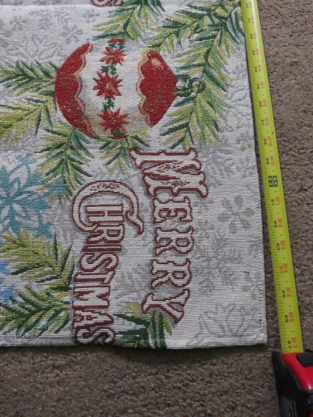 Merry Christmas Tapestry Table Runner - Red Poinsettia Ornaments Shimmer 67x13 - Picture 4 of 7